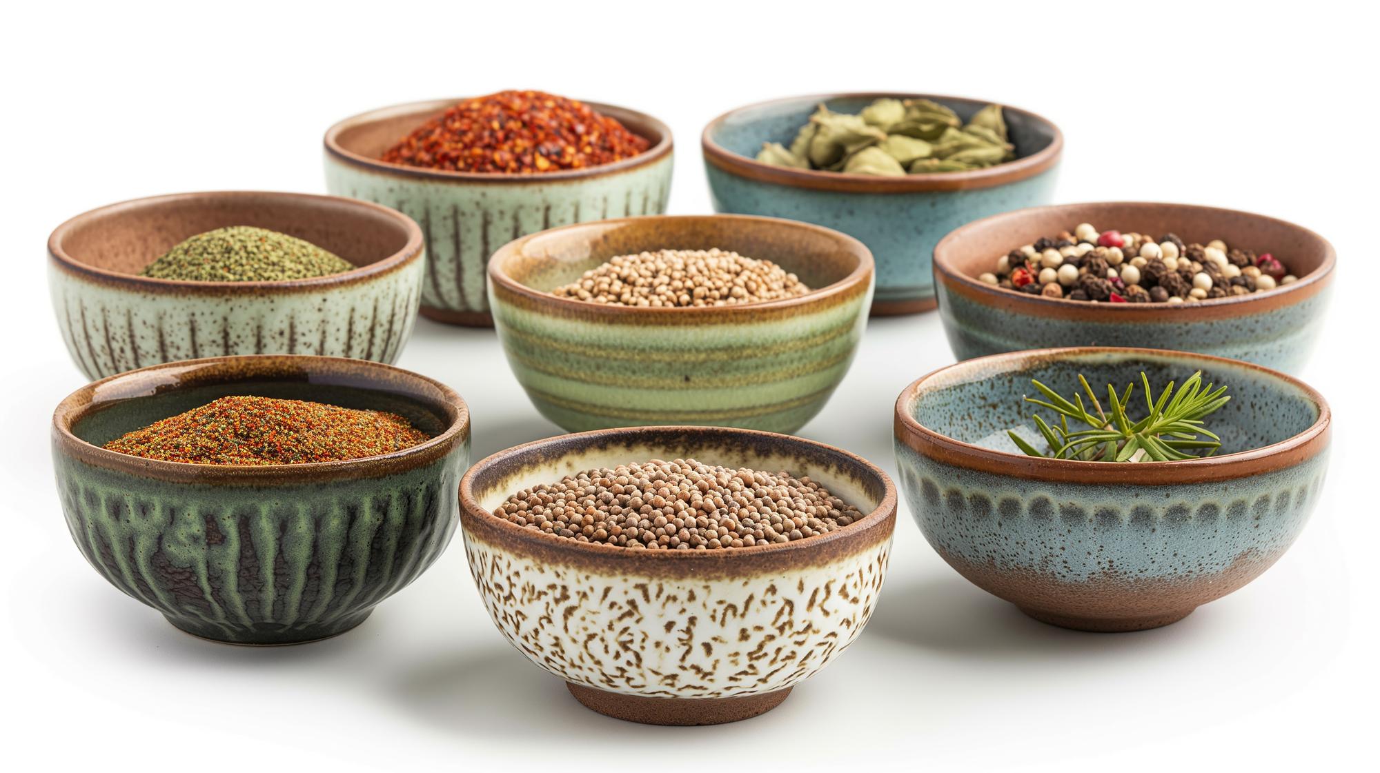 closeup of herbs and spices in bowls